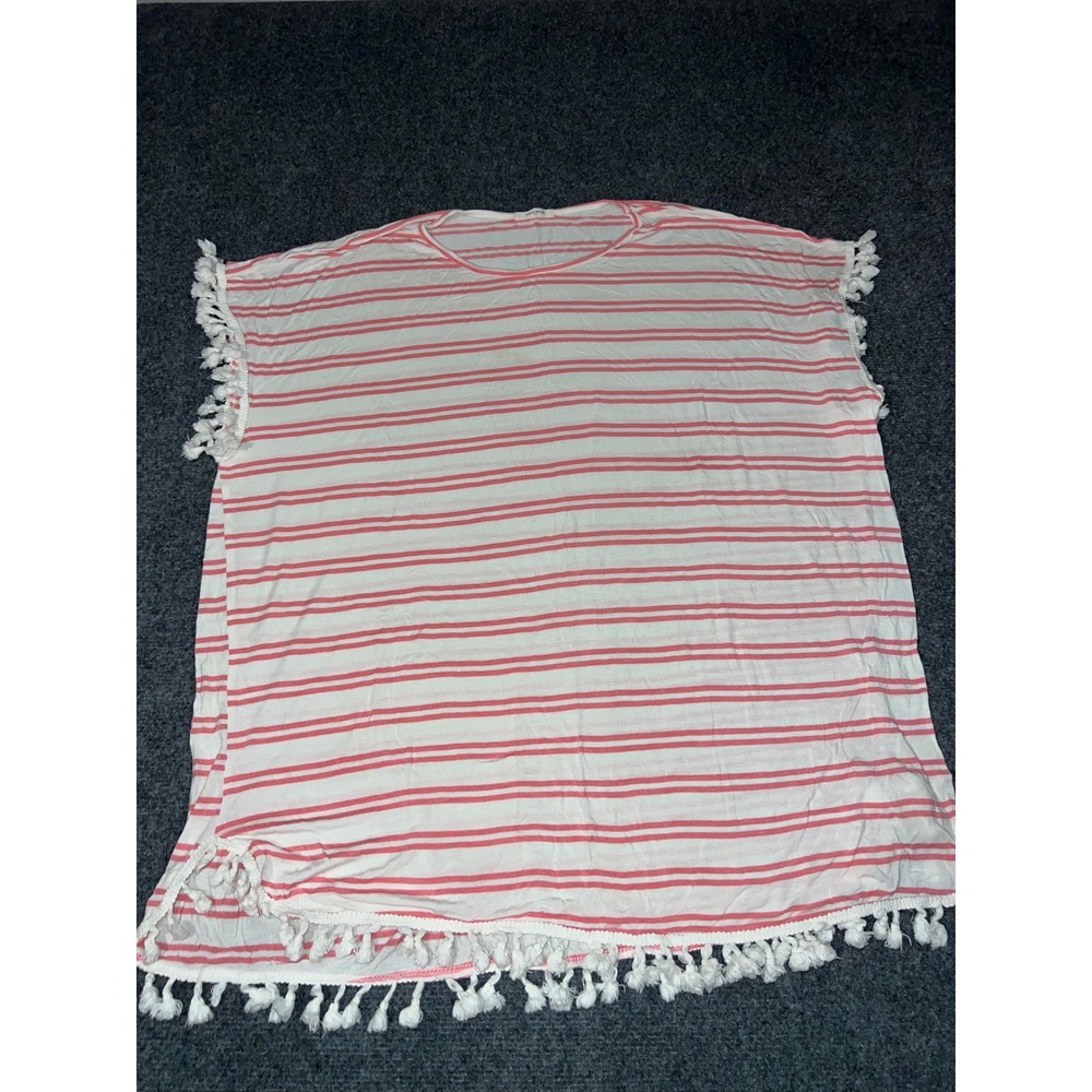 12PM by Mon Ami Pink White Striped Tassel Trim Poncho Top Women One Size OS